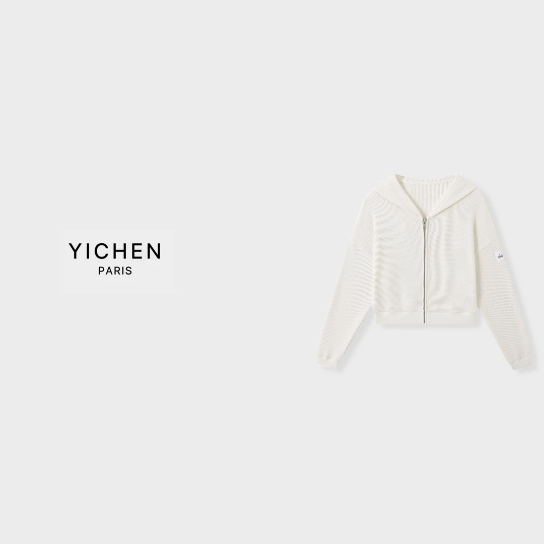 YC 奶白色字母徽标华夫格纹理连帽拉链宽松运动风短外套-3388