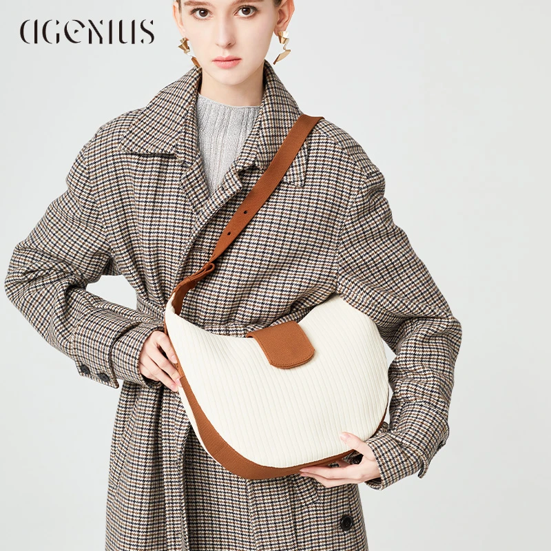 DGENIUS原创单肩包包女士2025新款时尚白色针织腋下包通勤饺子包