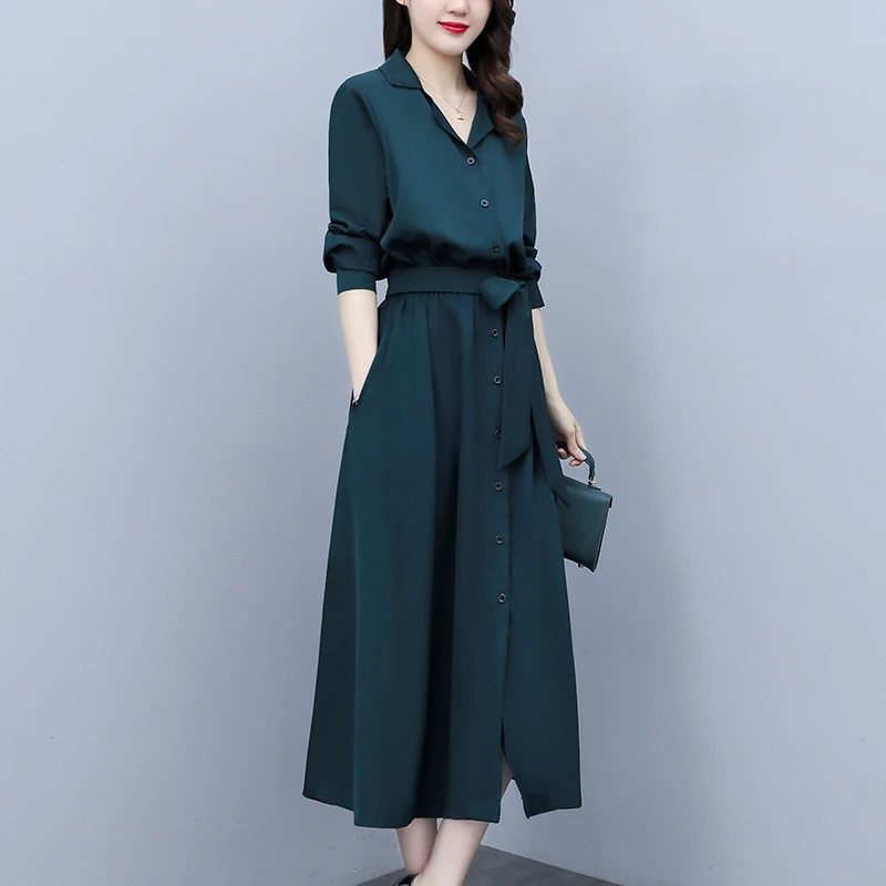 单层不透有口袋松紧腰开衫款大码气质长袖连衣裙女衬衫裙