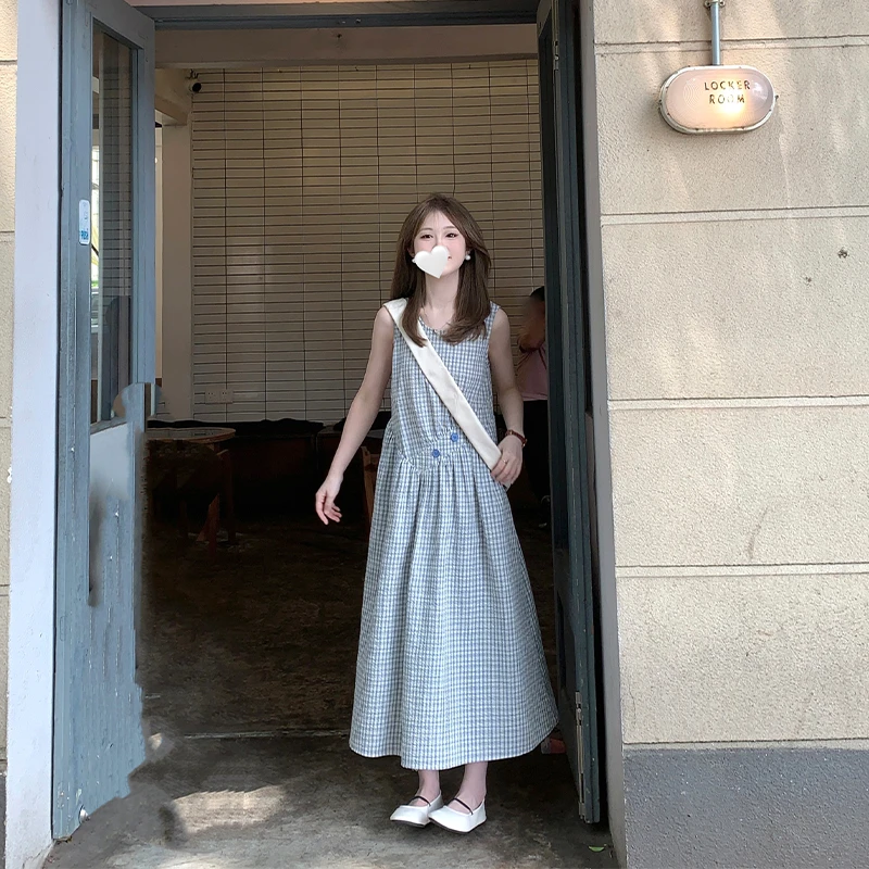 FUGUI RICH小个子格子连衣裙无袖拼接法式氛围感中长裙26251L2047