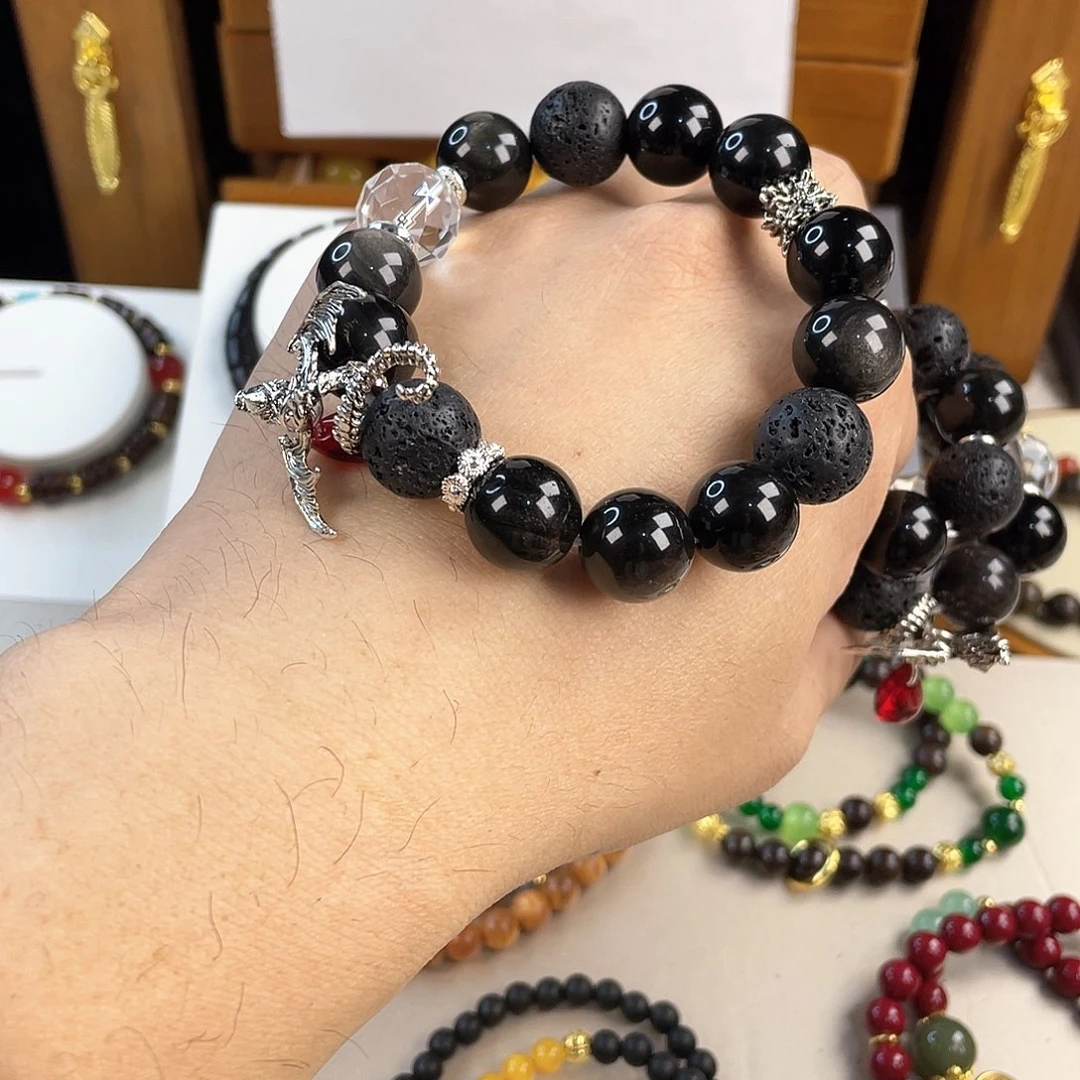 黑曜岩手饰银S925镀金镶嵌