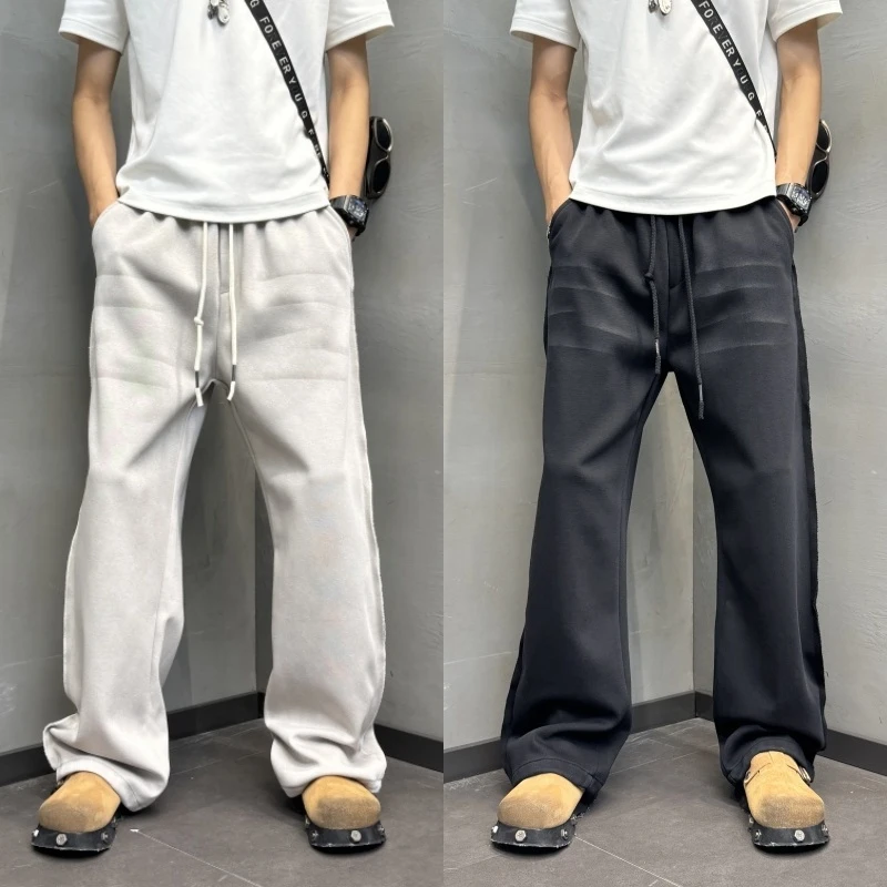 立体拼接宽松抽绳直筒休闲裤2025秋季美式复男秋季纯色抽绳直筒裤