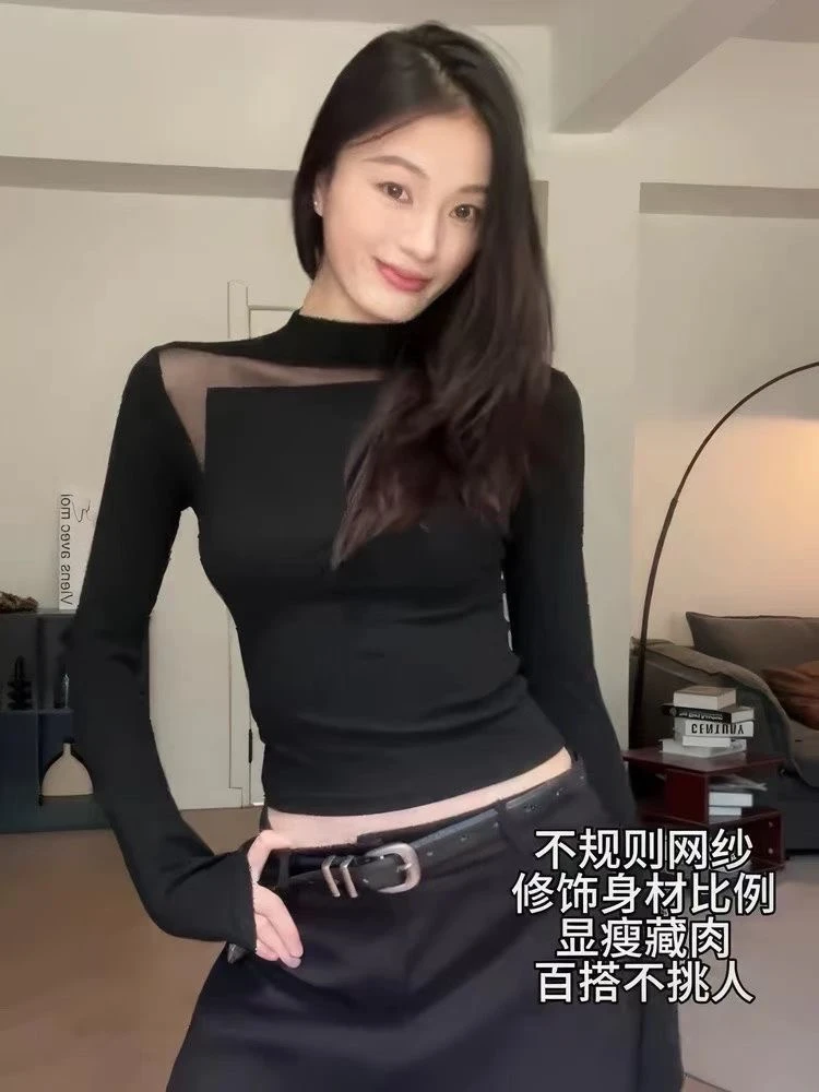 辣妹简约镂空网纱拼接长袖T恤女装秋季新款纯欲修身显瘦百搭上衣