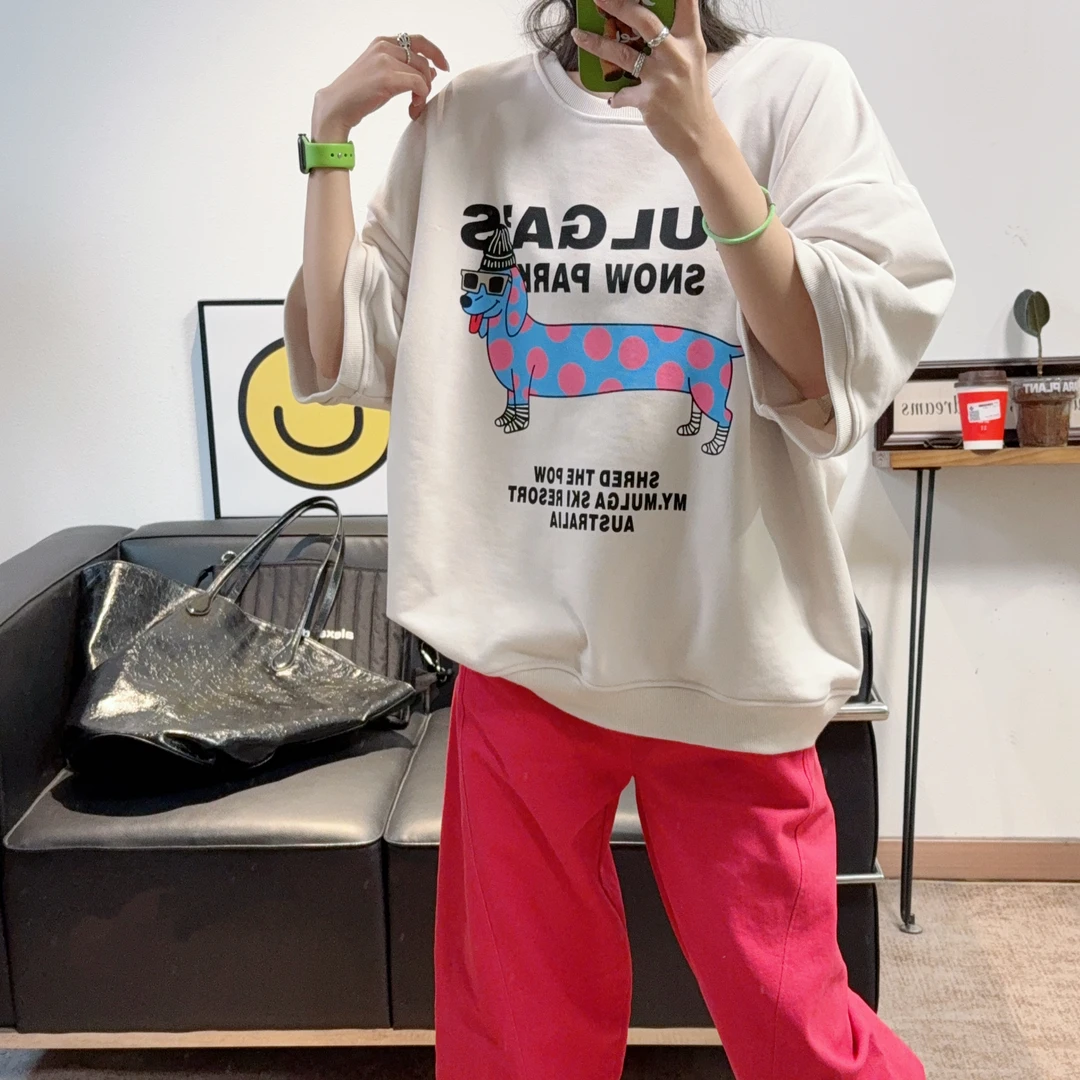 2025春季新款超洋气米灰色圆领七分袖波点狗卫衣女宽松显瘦减龄
