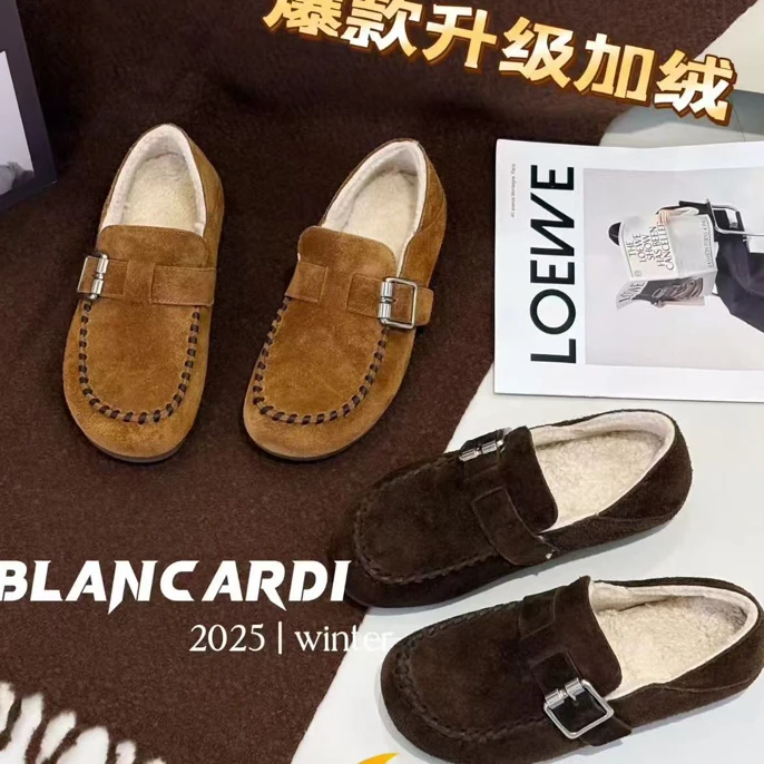 广州真皮加绒勃肯鞋爆款女秋冬新款简约百搭舒适软底保暖豆豆鞋女