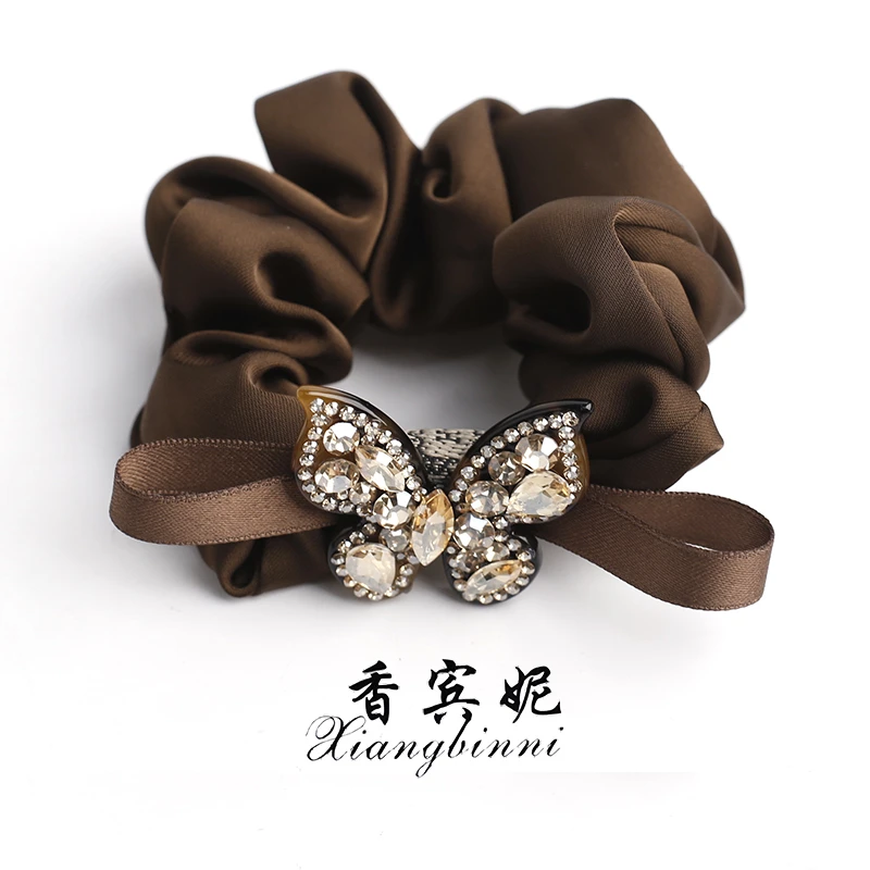 香宾妮原创设计发夹咖色大肠发圈蝴蝶结带钻高级感头绳5322