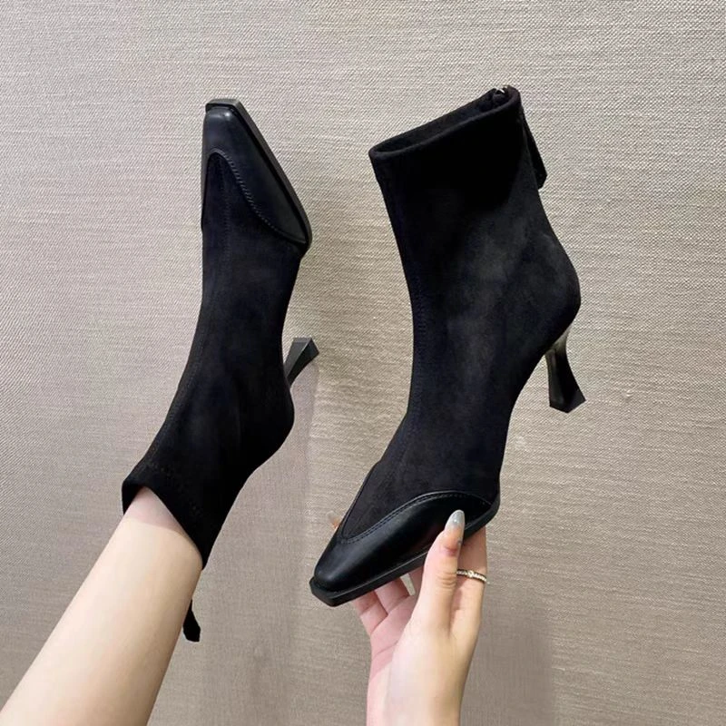 高跟短靴女细跟尖头加绒拼接2025年新款欧美秋冬季弹力瘦瘦靴裸靴