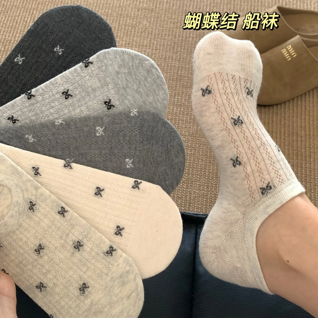 蝴蝶结ins风女士袜子船袜浅口夏季薄款防滑不掉跟隐形透气T