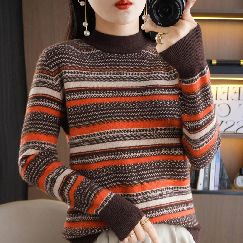 洋气三色条纹提花半高领长袖针织衫秋冬时尚百搭套头毛衣女