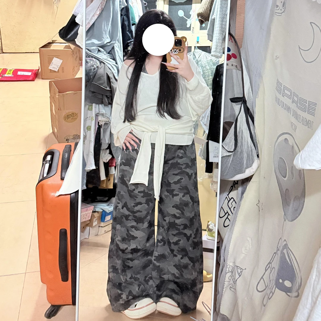 特大码女装胖mm高级感迷彩色牛仔裤复古时尚百搭工装风阔腿裤子女