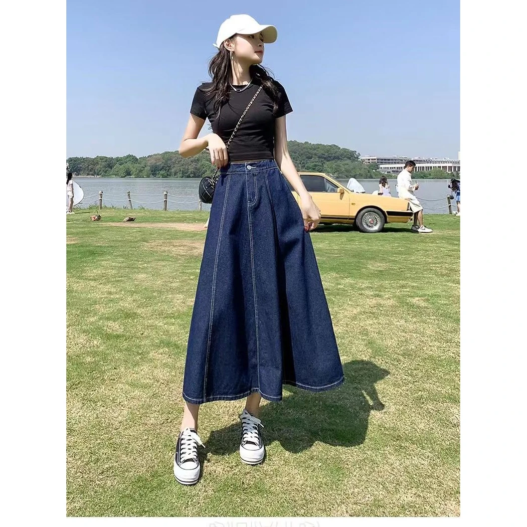 La Chapelle/拉夏贝尔牛仔裙半身裙女夏季大码胖高腰字中长伞裙