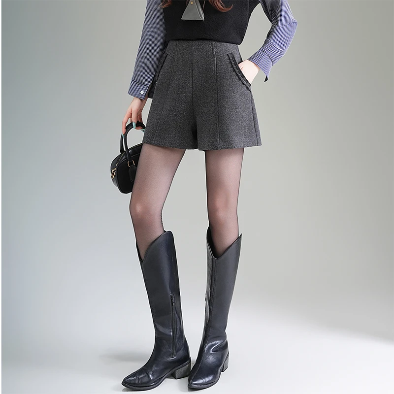 高级感气质减龄木耳花边拼接毛呢短裤2025秋冬款高腰a字阔腿靴裤