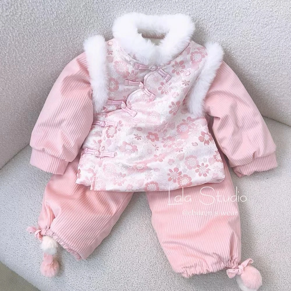 现货 AC358女童冬季加绒国风套装