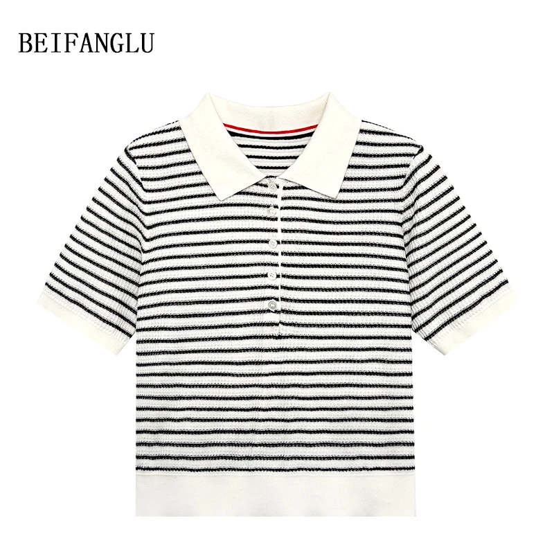 北方鹿【经典条纹针织T】春夏简约百搭POLO领女士条纹针织短袖W9315