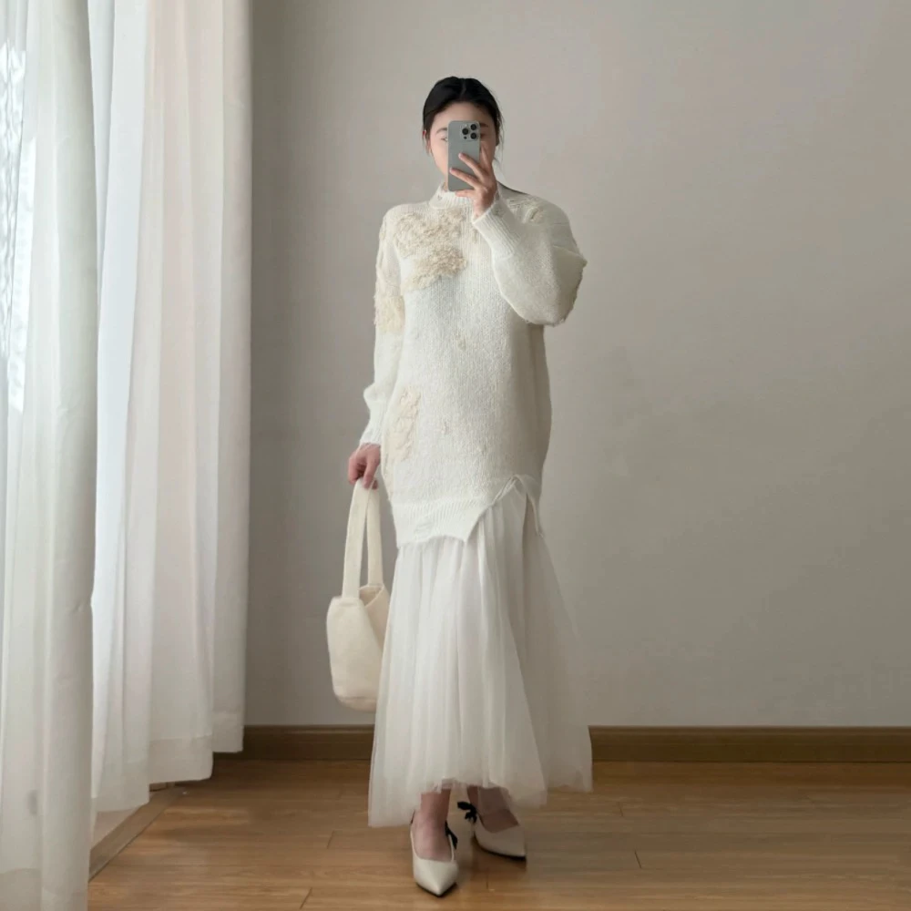 【雪境漫舞】重工绣花连衣裙女秋冬季2025新款拼纱长裙 含40%羊毛