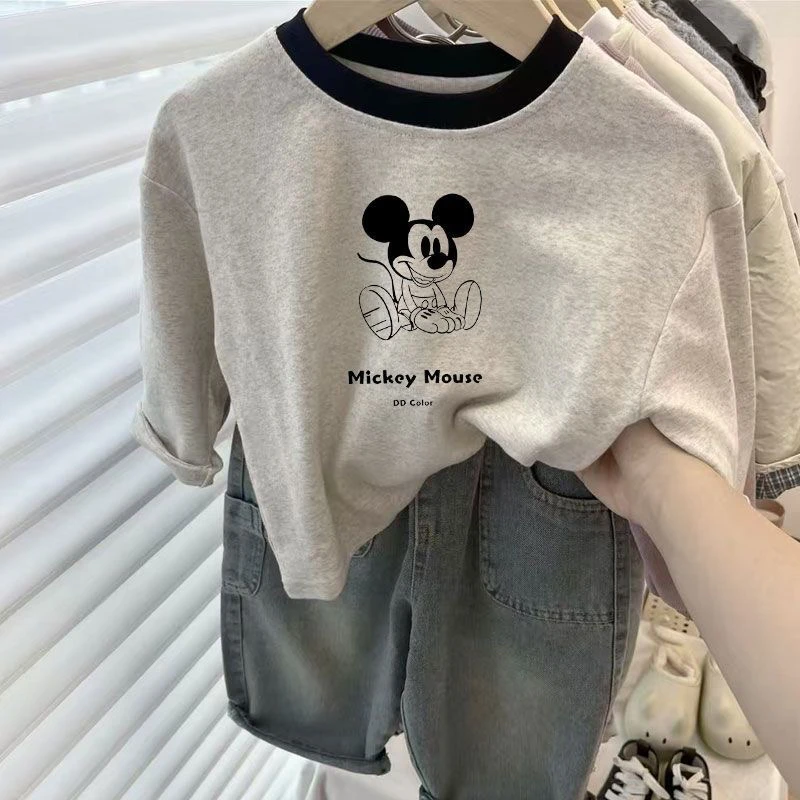 韩系纯棉儿童新款长袖可爱百搭圆领男女童T恤米奇卡通宝宝上衣