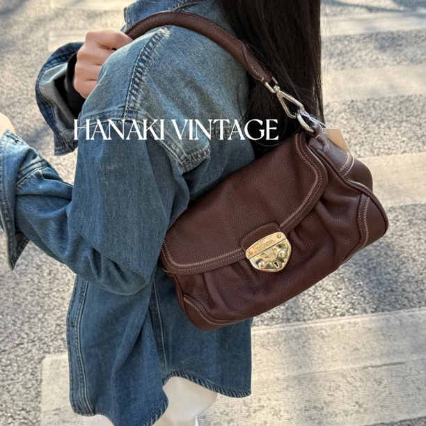 95新 Prada/普拉达 花绮中古/Prada美拉德棕猪鼻子单肩包/95新