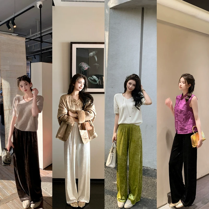 “出圈丝绒裤”立体软糯冰花光泽感 早春款松紧腰丝绒懒人裤