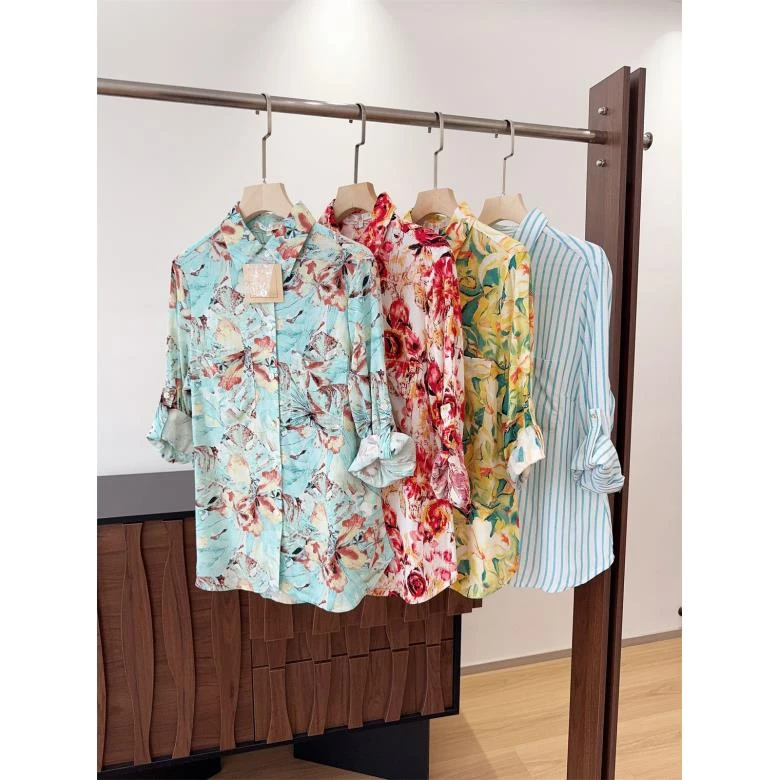 澳洲取消单！30%亚麻 挽袖设计花色气质衬衫女