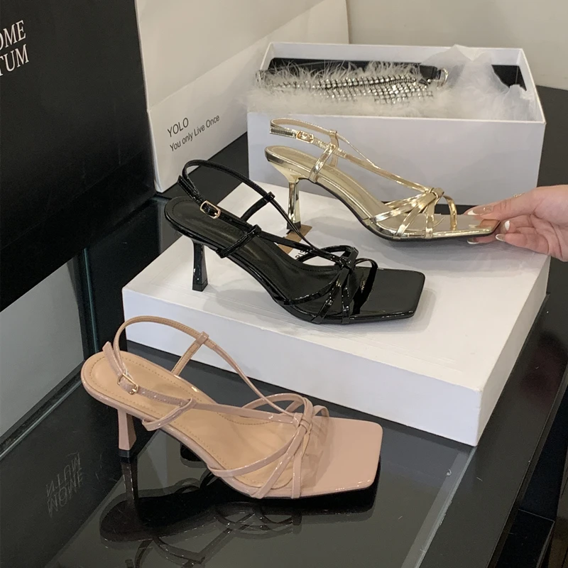 女神范一字带细跟凉鞋女2025夏新款方头露趾名媛配裙子高跟宴会鞋