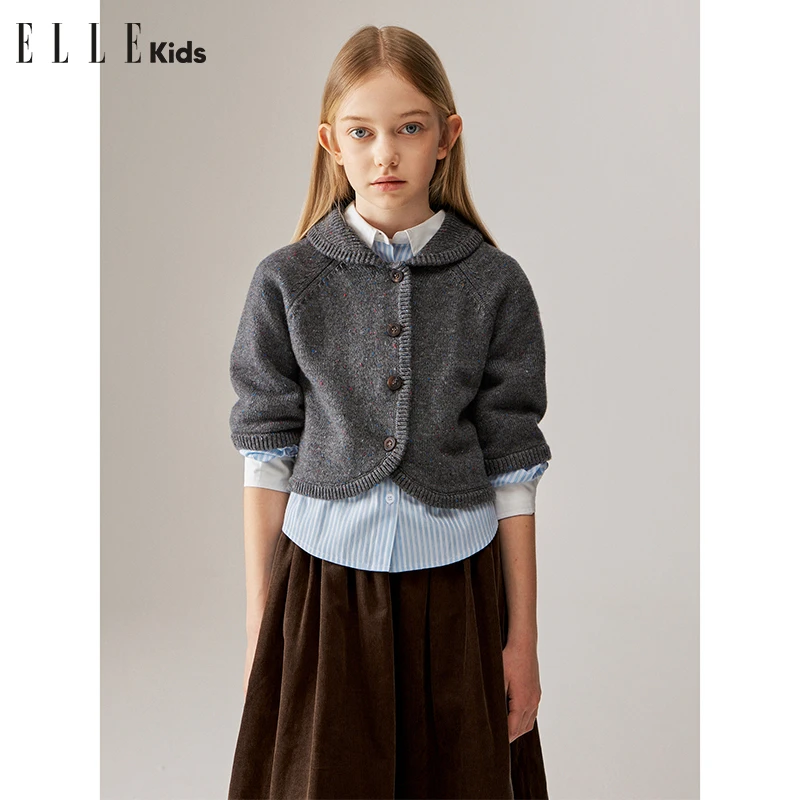 3945 ELLE KIDS 法式经典翻领短袖针织彩点纱线短款小外套马甲Q1