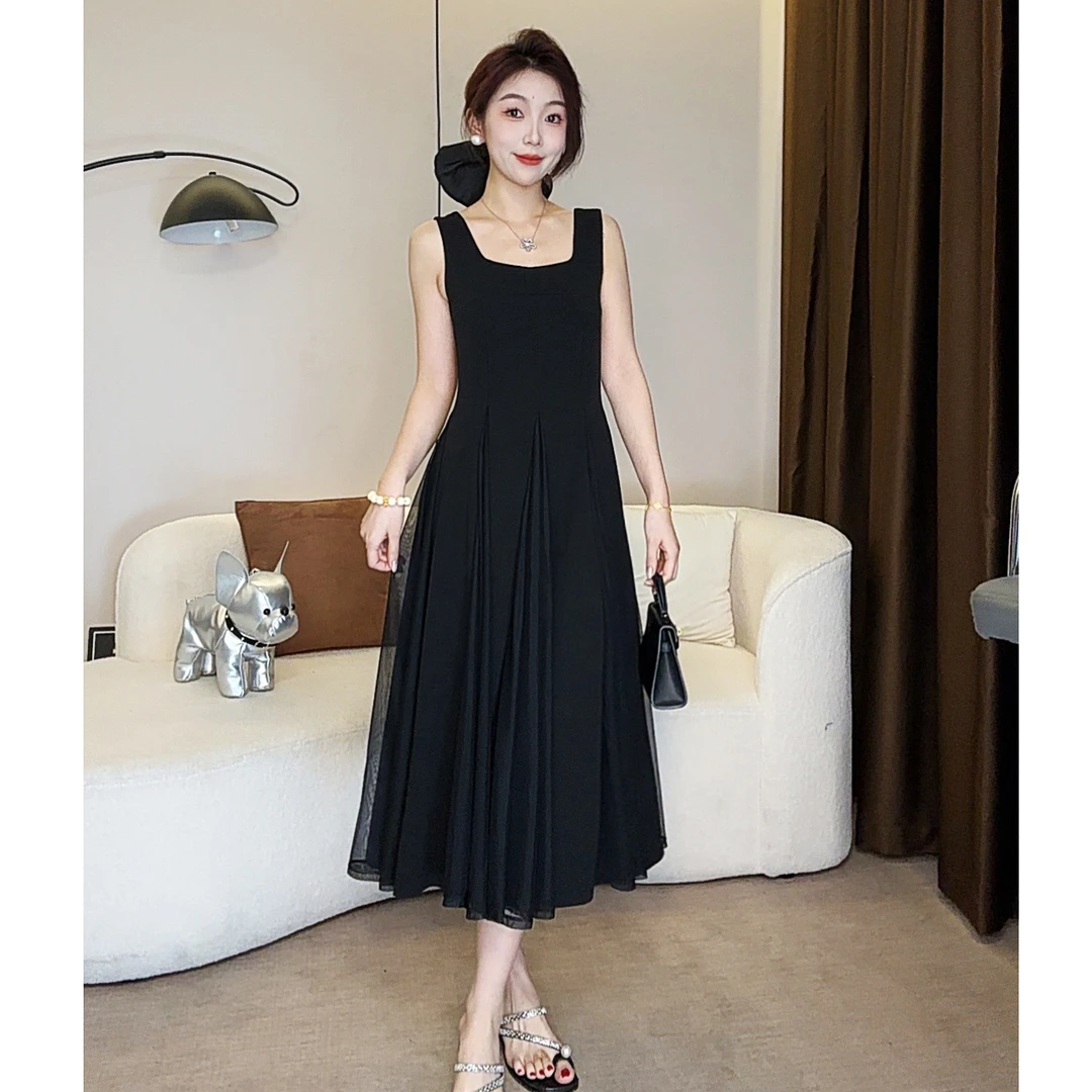 拼纱3赫本风小黑裙连衣裙女气质黑色夏季高级感显瘦收腰法式长裙