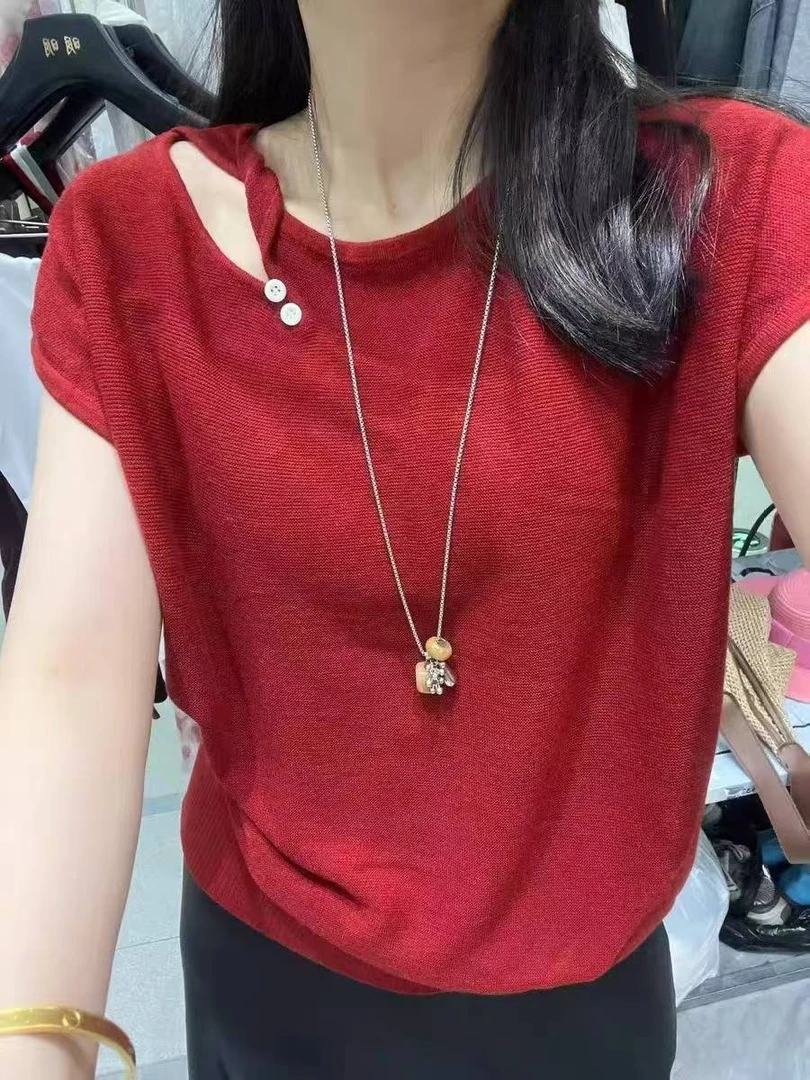 短袖纯色休闲风毛针织衫红色韩版宽松复古风