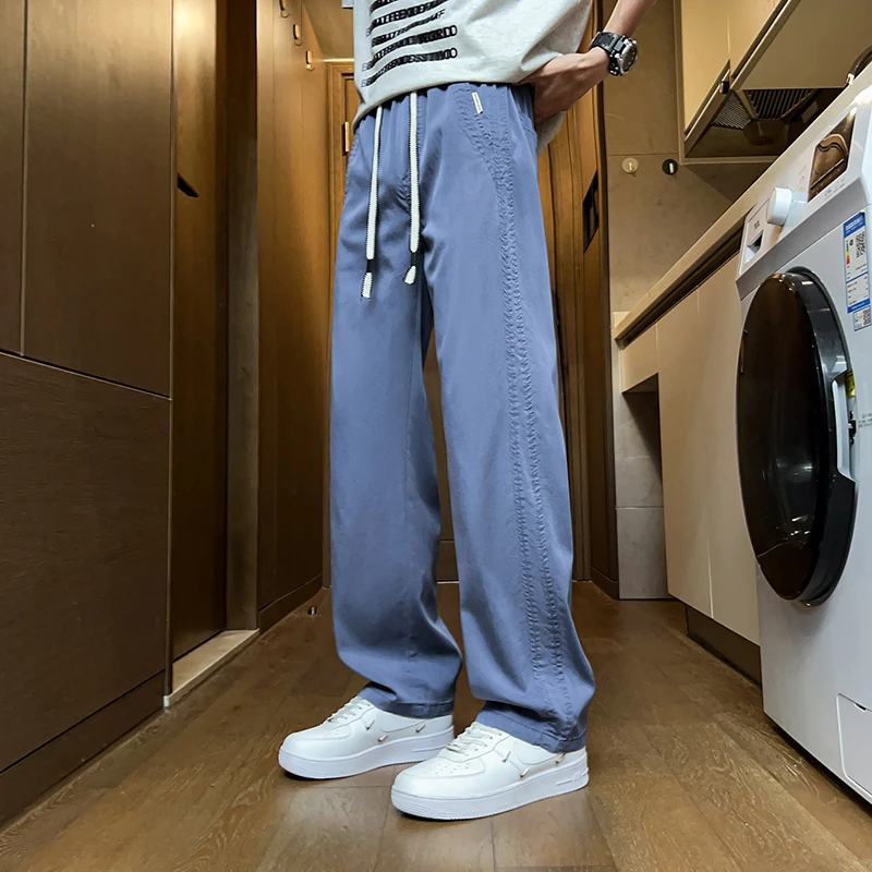男士秋季裤子新款冰丝男款裤子长裤宽松直筒长裤垂顺男士牛仔裤潮