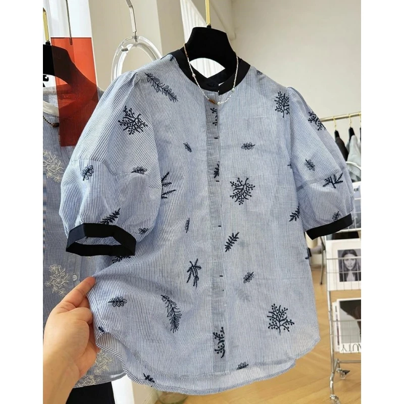 K6705高级感重工刺绣撞色条纹圆领短袖衬衫女气质小衫泡泡袖上衣