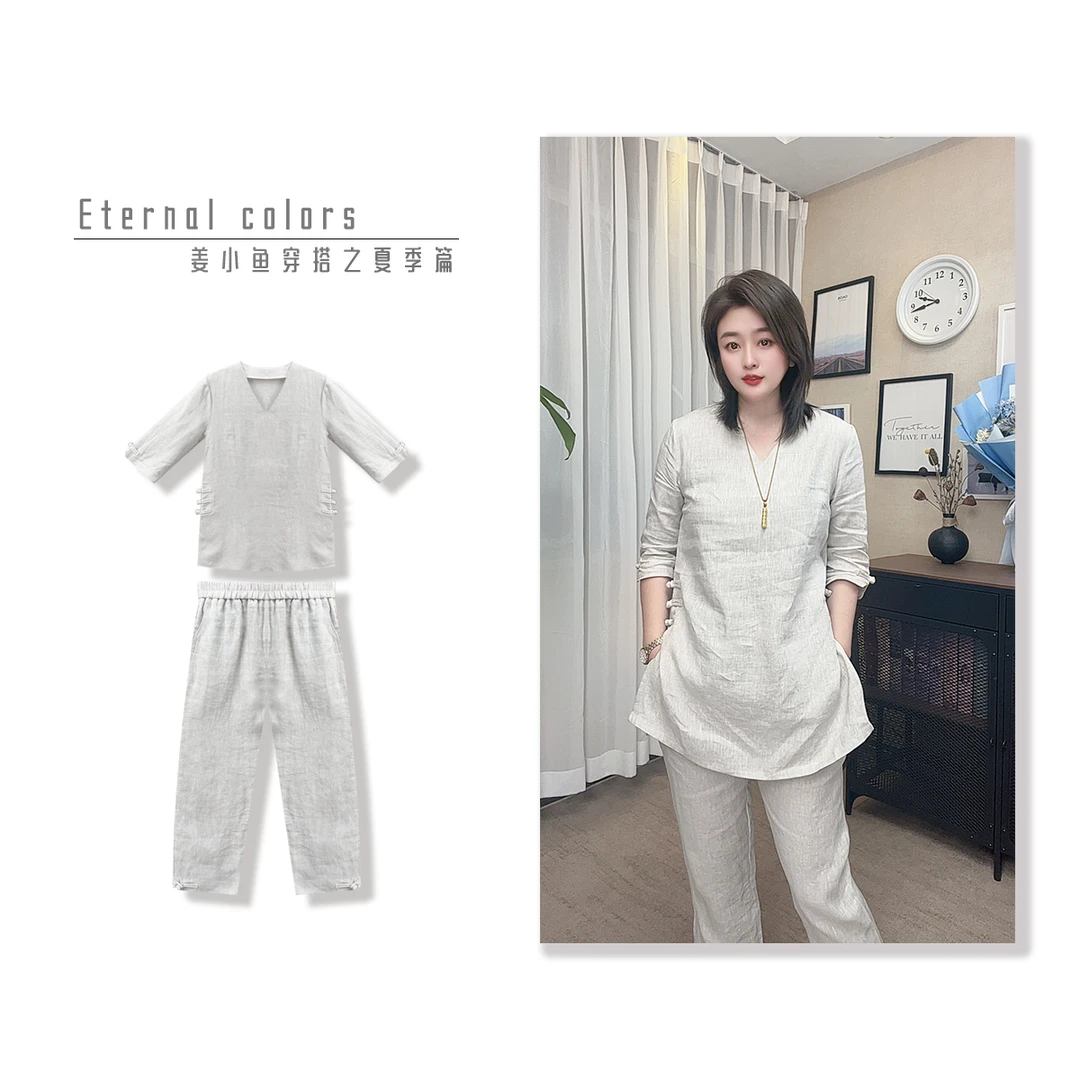 姜小鱼推荐--25年SS重工亚麻夏季新款新中式国风五分袖八分裤套装