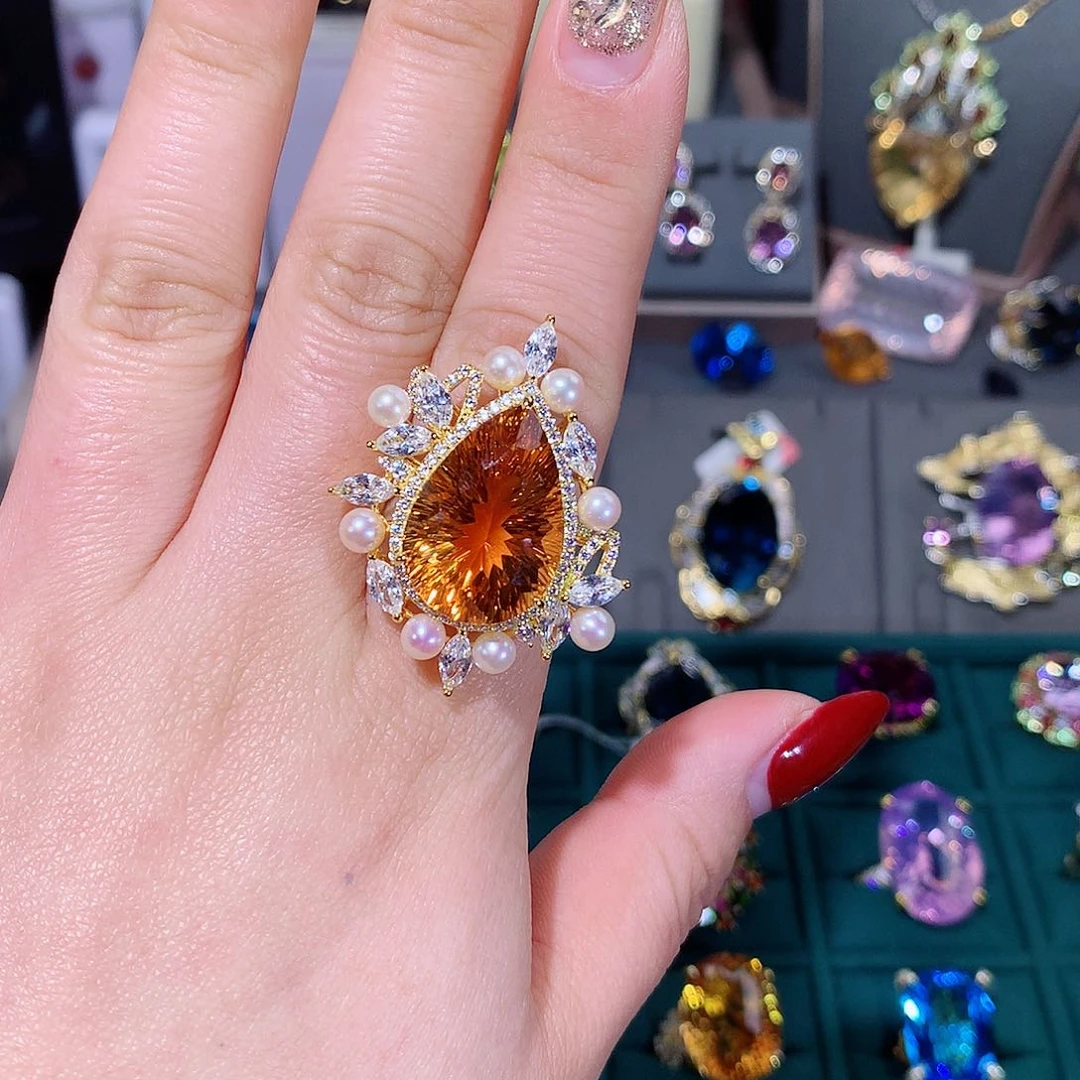 黄晶戒指银S925镶嵌戒指