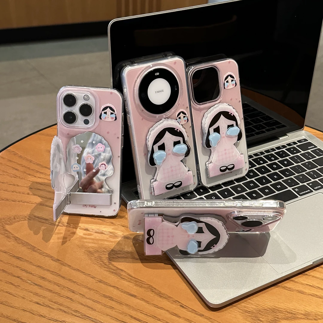 欧克里里淡粉哭娃镜子支架适用苹果16手机壳双层华为vivo小米oppo