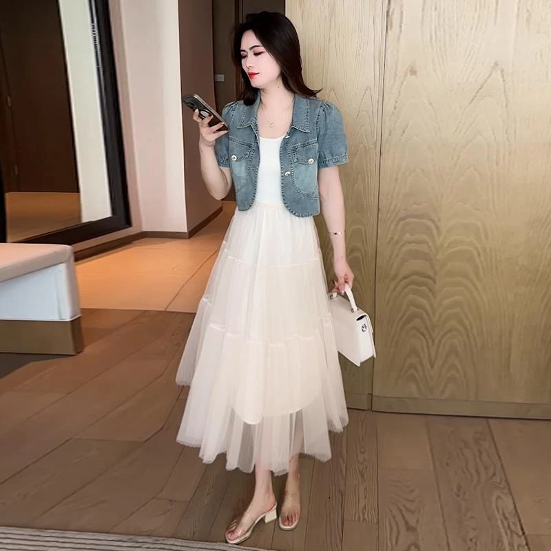时尚套装裙女2025夏季新款减龄短袖牛仔上衣网纱背心连衣裙两件套