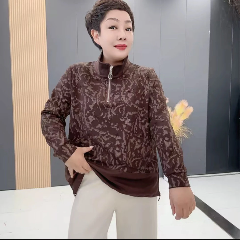 长袖时尚百搭立领中长款拉链印花秋季卫衣洋气豹纹提花网红-3199