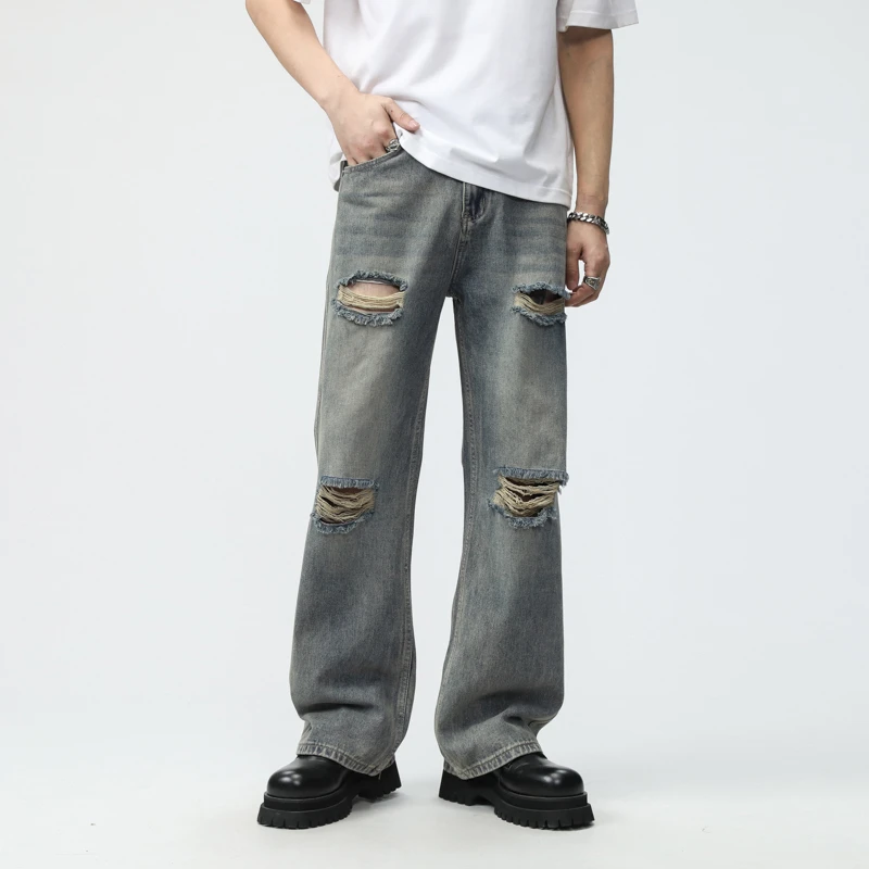 CleanFit夏季高街破洞牛仔裤男宽松直筒百搭