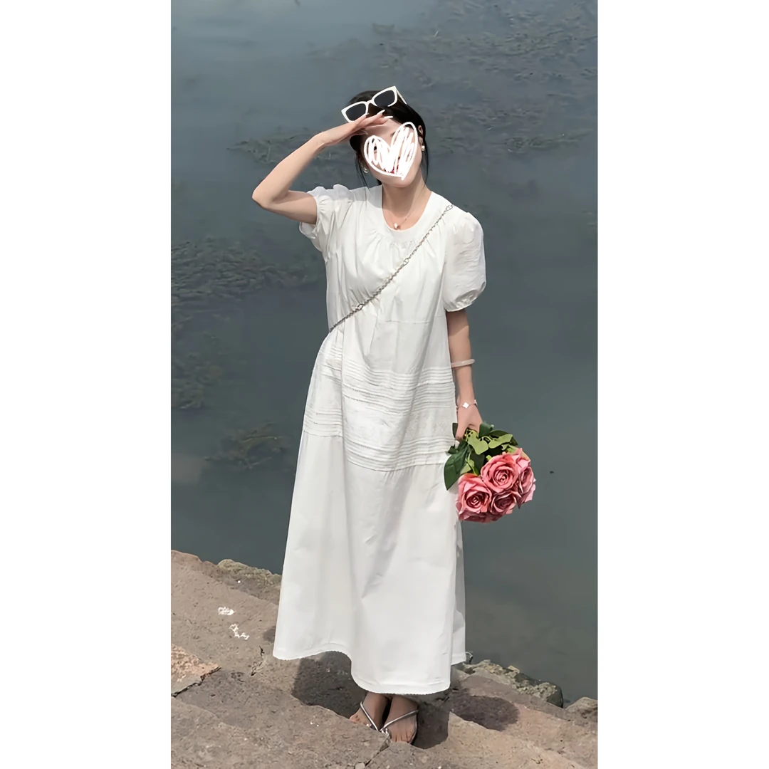 2025夏季新款白色泡泡袖圆领宽松显瘦拼接蕾丝边连衣裙洋气衣服女