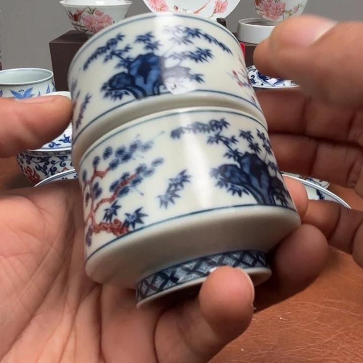 B***T摆件陶微瑕松竹梅小马蹄杯两只