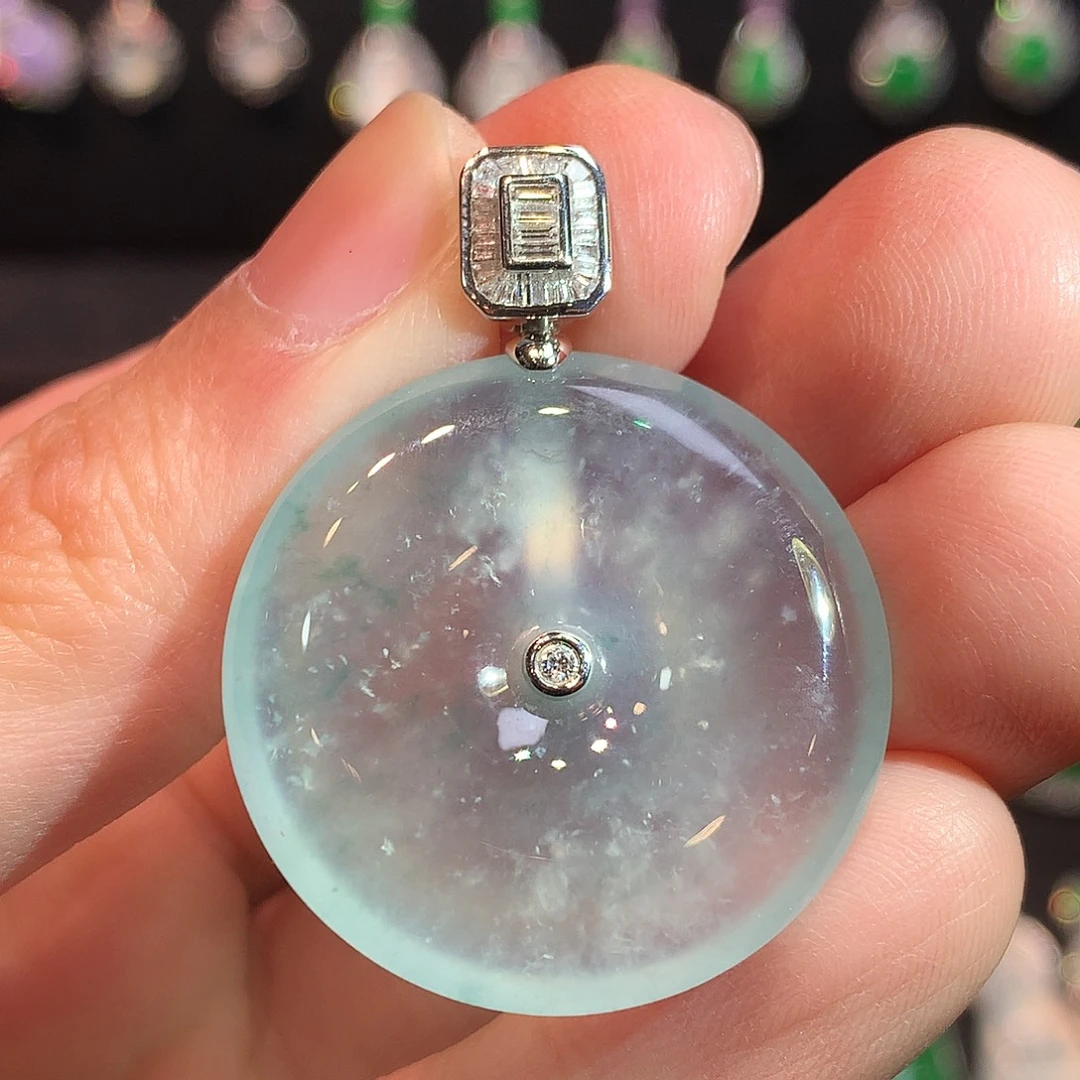 翡翠18K金镶嵌吊坠(赠链)玻璃种飘绿花平安扣吊坠