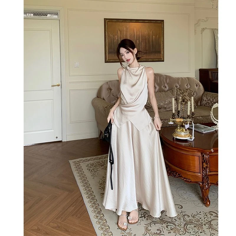 小众不规则系带设计感缎面背心半身裙夏季新款时尚两件套女潮通勤