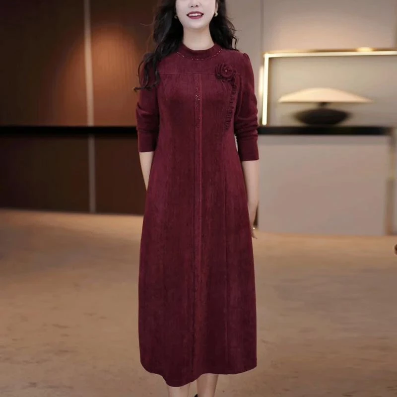 雪尔绒秋冬连衣裙2025新款女装遮肉显瘦妈妈装中长款裙子