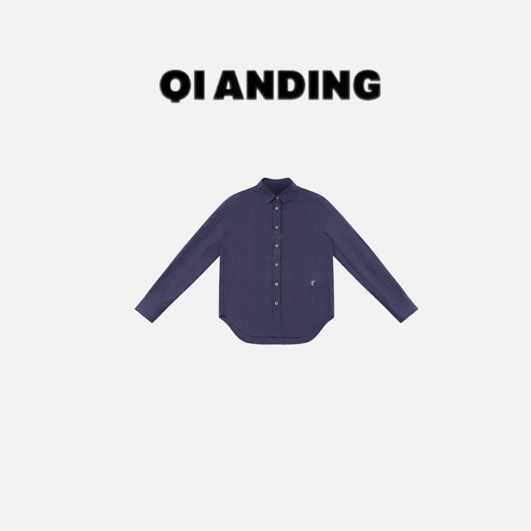 【QIANDING】 2025新款“紫麻衬衫”春季百搭翻领单排扣长袖衬衫25419
