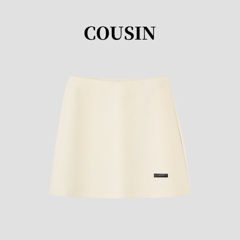 D.cousin毛呢简约a字半身裙女高腰包臀裙a字呢子短裙子2591