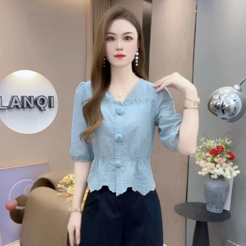 A8696法式V领五分袖衬衫女早秋新款洋气减龄显瘦百搭上衣