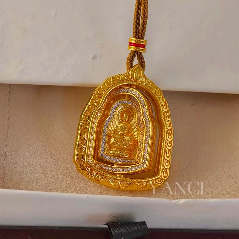 【YANCI】镀K金 精工可转动佛牌吊坠镶嵌金色挂坠双面雕