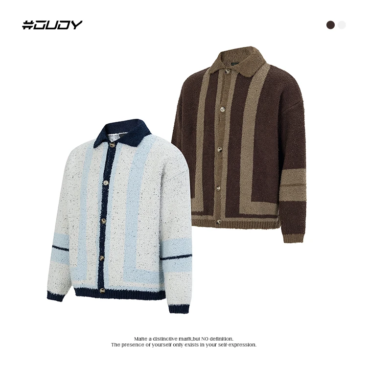 #OVDY炸15秋冬保暖开衫款毛衣2025新款翻领宽松型毛衣拼色针织衫