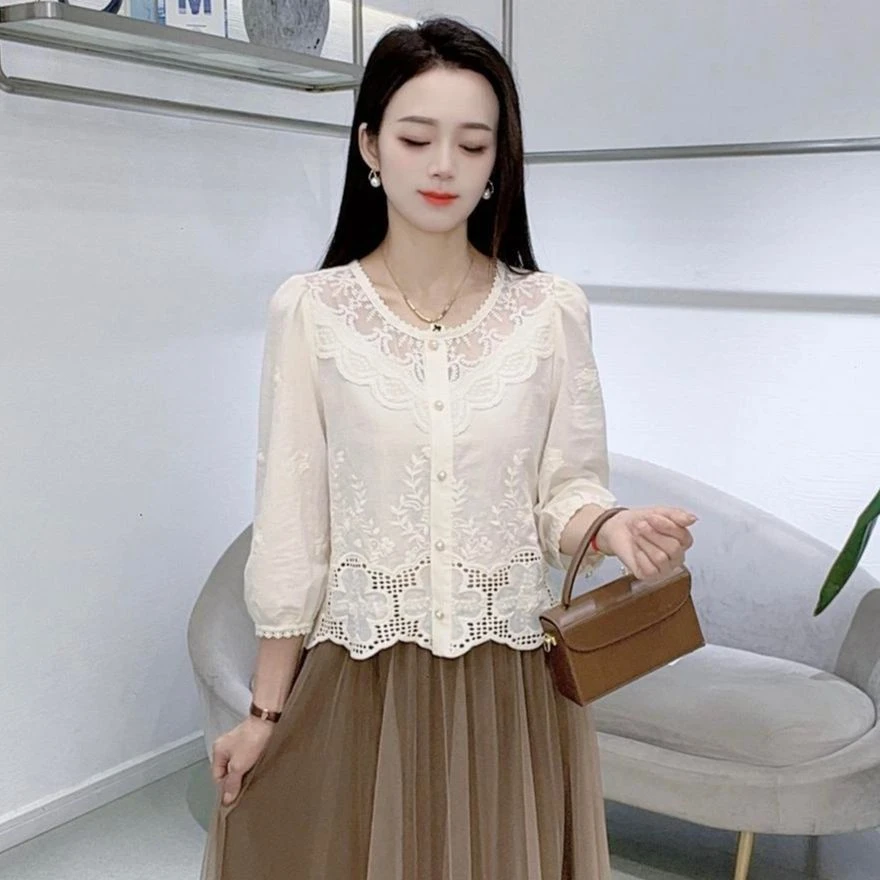 [有运费险]早秋七分袖衬衫女新款淑女显瘦小衫宽松甜美百搭上衣