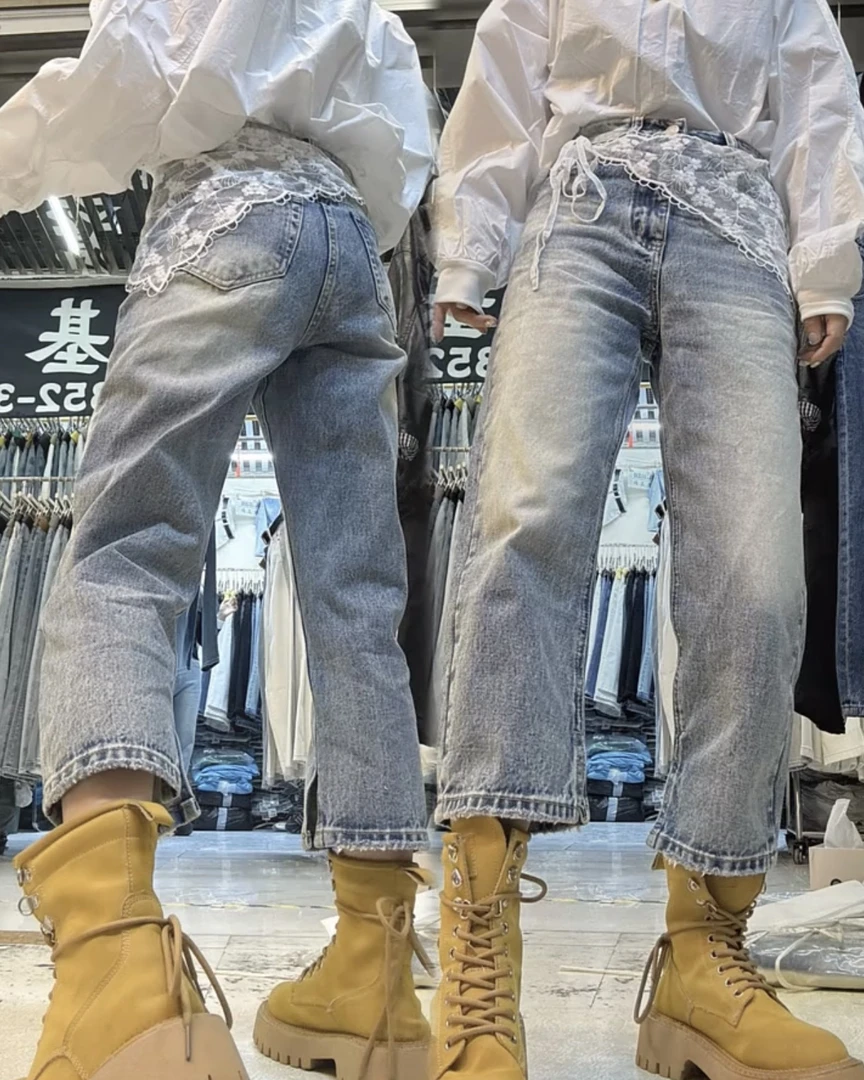 春季新款胖妹妹高腰显瘦身弹力阔腿裤蓝色蕾丝八分牛仔裤