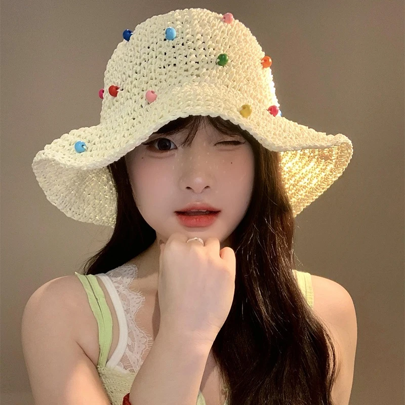多巴胺彩珠草帽渔夫帽女款夏季海边度假沙滩旅游防晒遮阳太阳帽子