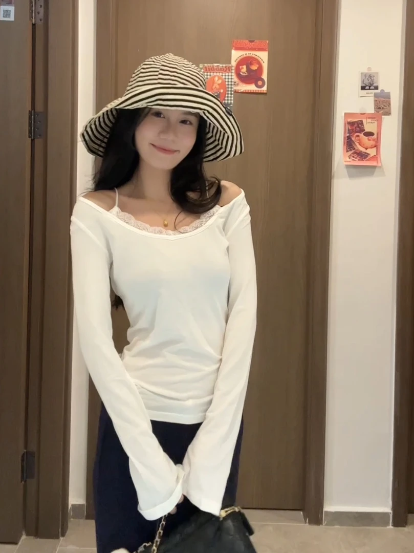 白色假两件蕾丝花边长袖T恤女2025早秋新款细肩带设计感修身上衣