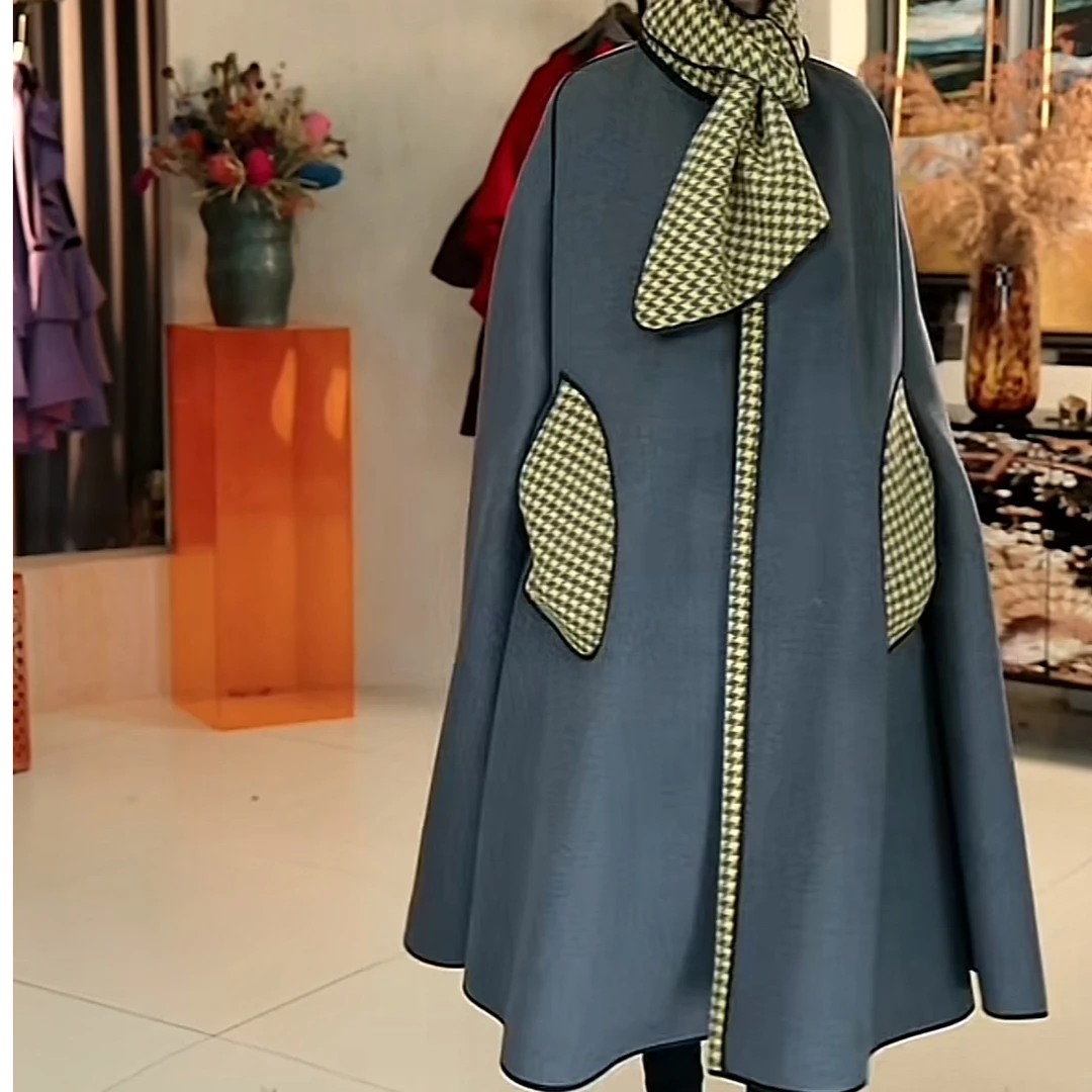 310-1篱君秋冬时尚设计师款灰格绵羊毛长款斗篷大衣气质外套
